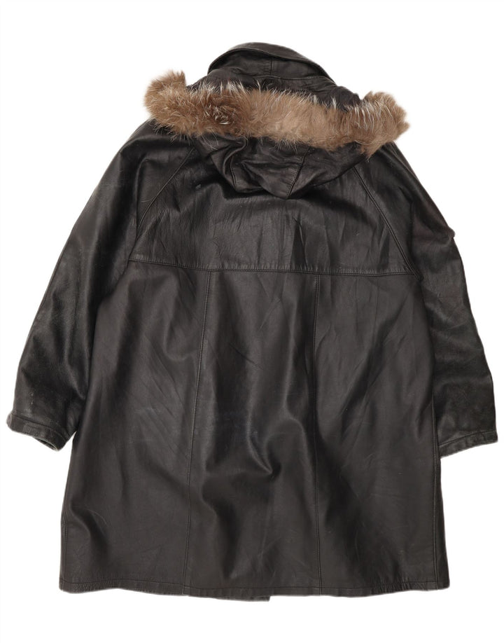 Damski płaszcz skórzany Kiros z kapturem, oversize IT 48 XL, czarny