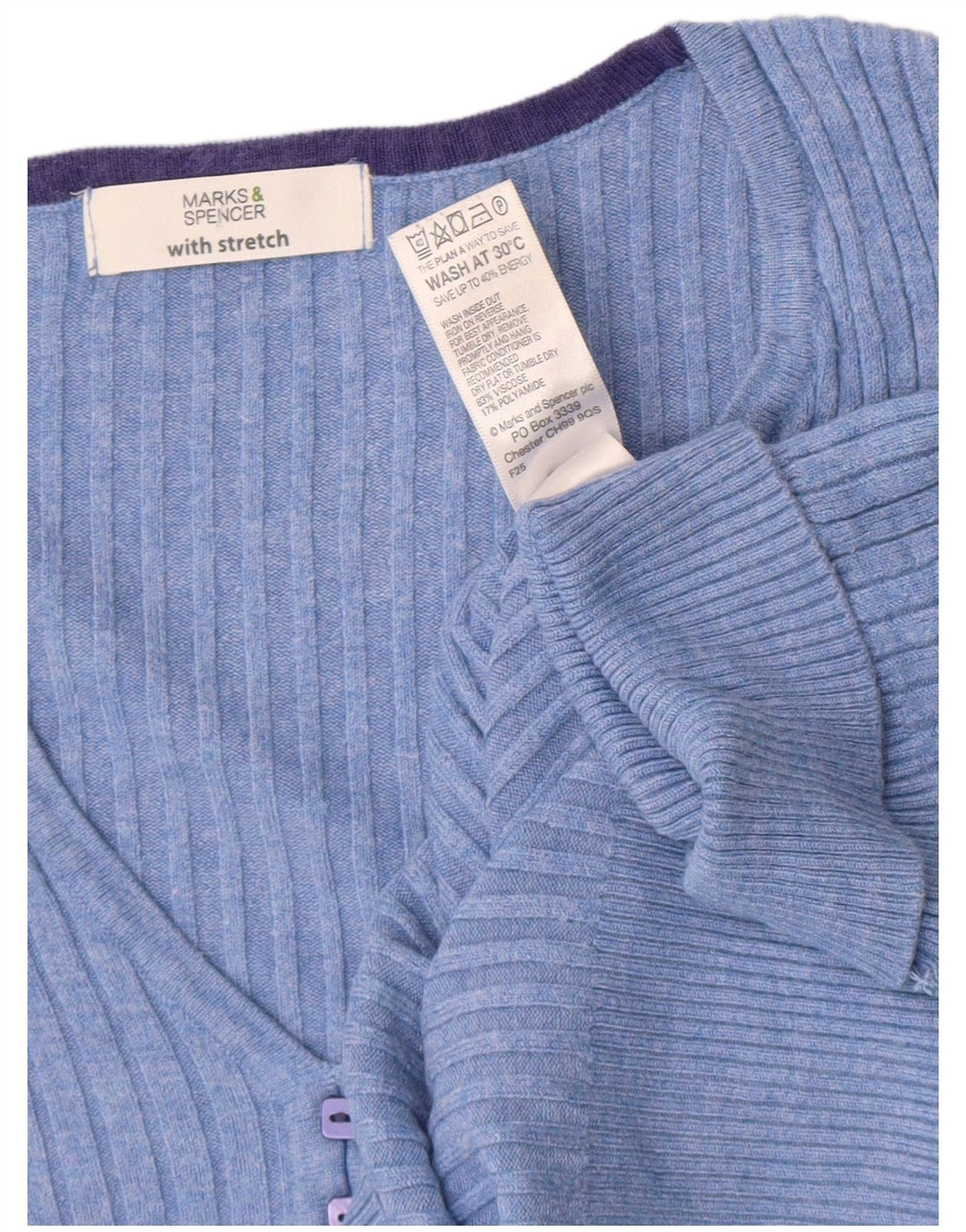 Marks & Spencer Damski sweter z krótkim rękawem i dekoltem w kształcie litery V, UK 12, średni niebieski