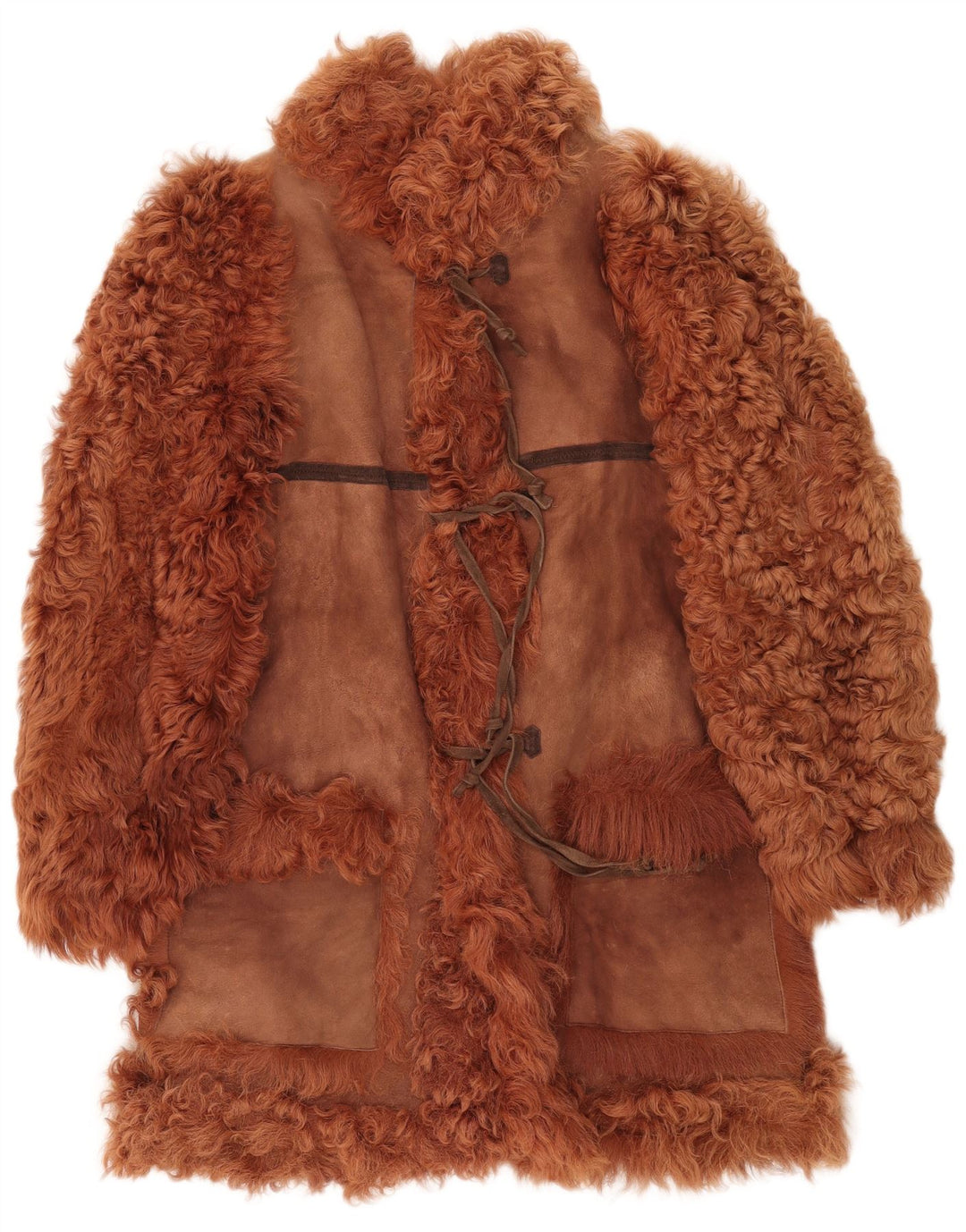Vintage damski płaszcz shearling wiązany z przodu UK 16, duży brązowy