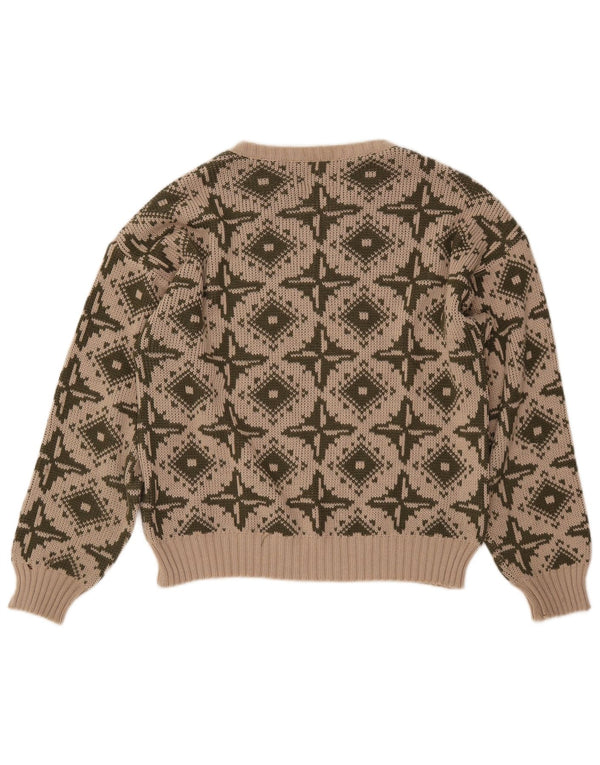 Damski sweter z dekoltem w łódkę w stylu VINTAGE IT 46, duży, beżowy, geometryczny
