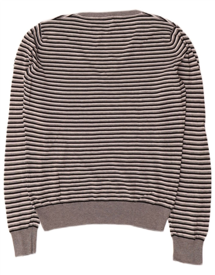 Sweter damski Fred Perry z dekoltem w kształcie litery V, UK 14, bawełniany w średnie szare paski