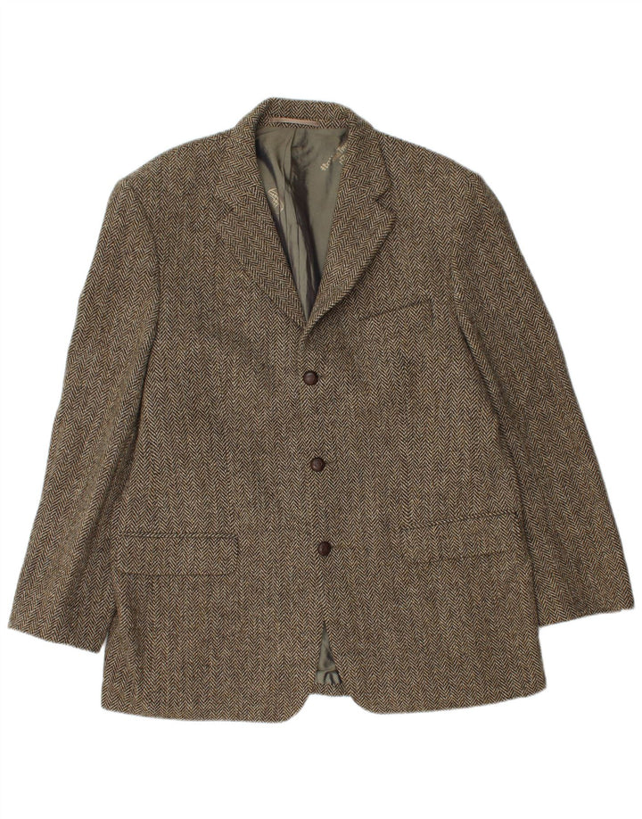 Męska marynarka zapinana na 3 guziki Harris Tweed UK 40, duża brązowa jodełka