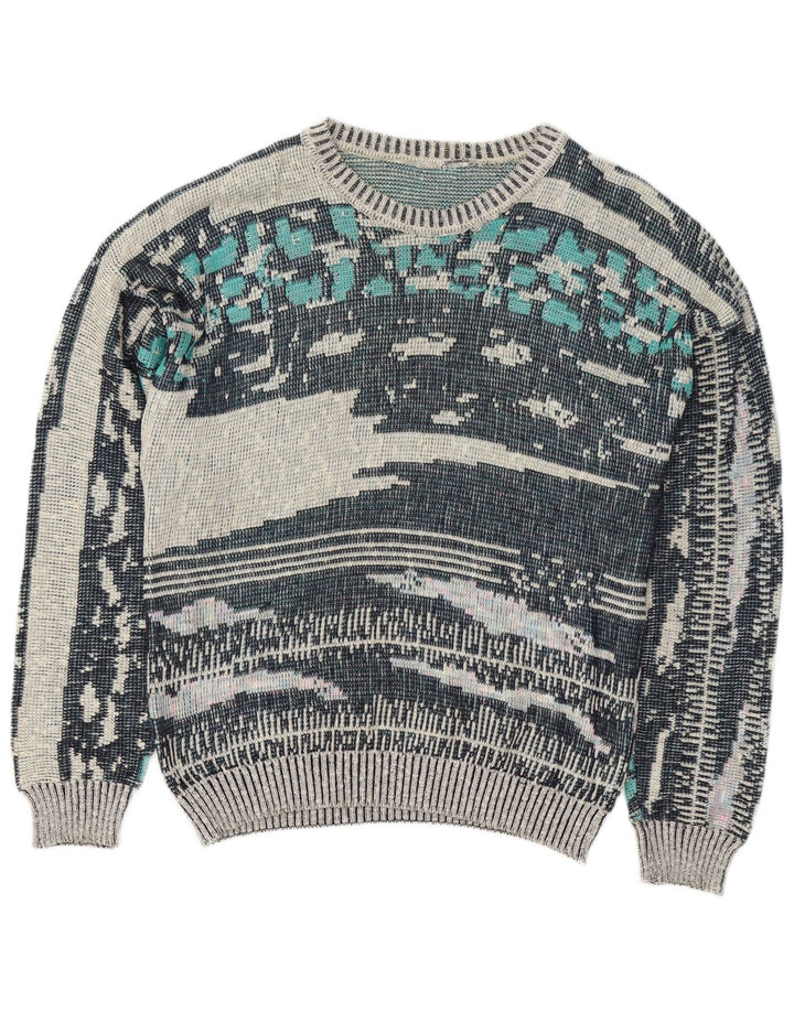 Męski sweter w stylu vintage z abstrakcyjnym wzorem i okrągłym dekoltem, średni niebieski