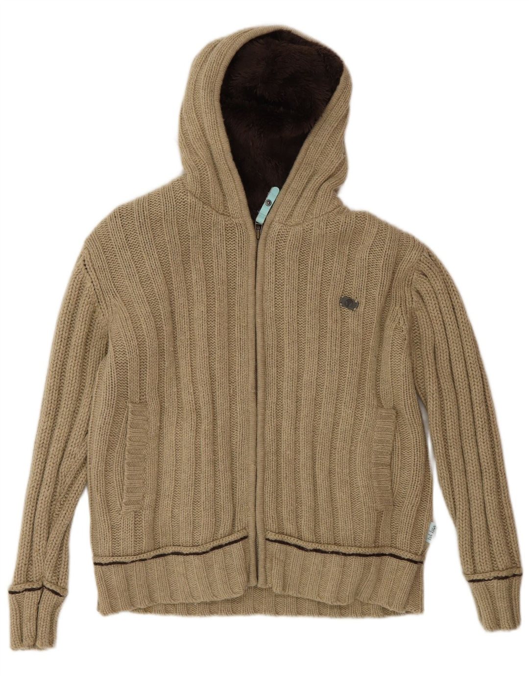 Damski sweter rozpinany z kapturem Fat Face UK 14 Średni beż Owcza wełna