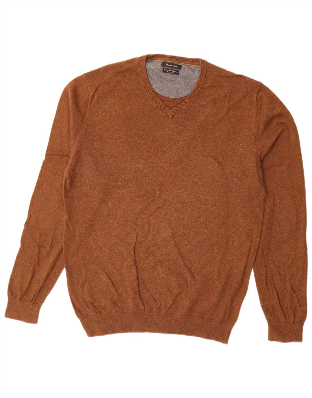 Męski sweter Massimo Dutti z dekoltem w kształcie litery V, średniobrązowy, bawełniany