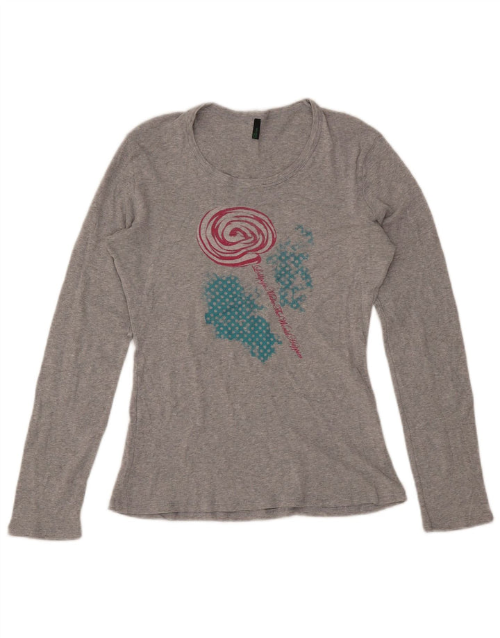 Damski top graficzny BENETTON z długim rękawem, UK 16, duży, szary, nakrapiany, bawełniany