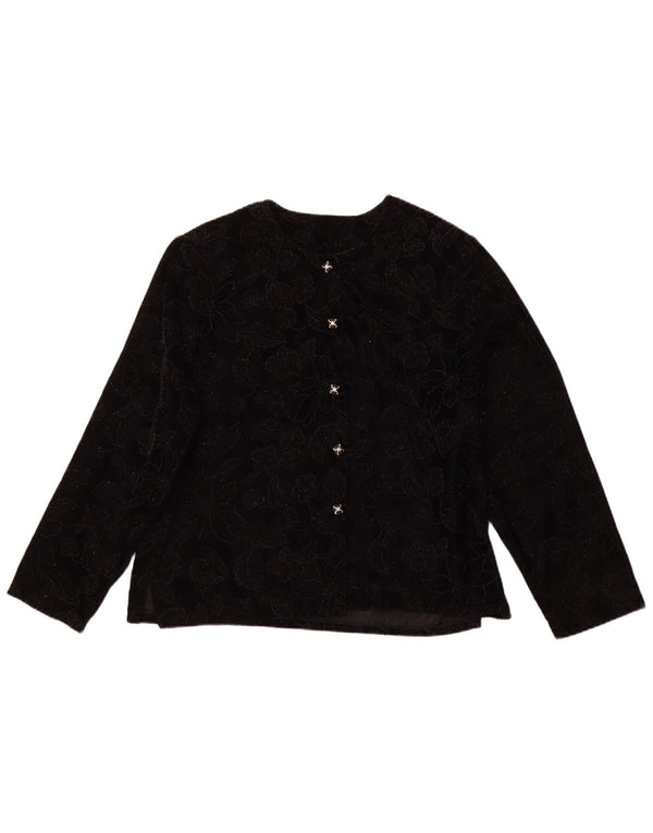 Bluzka damska z długim rękawem VINTAGE Top UK 16, duża, czarna, w kwiaty