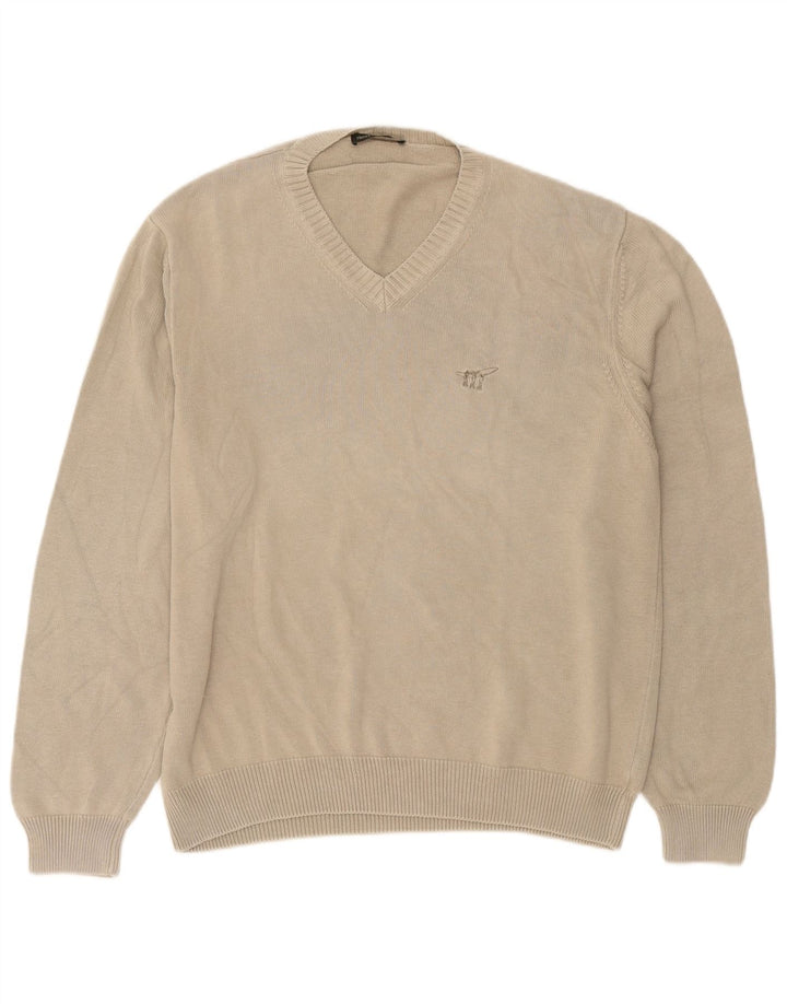 Męski sweter Henry Cottons z dekoltem w szpic, duży, beżowy, bawełniany