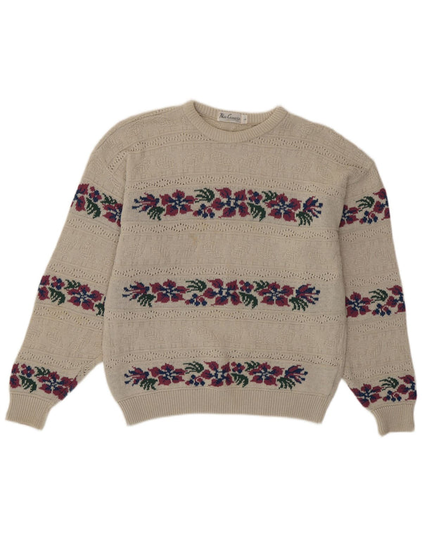 Sweter damski w stylu vintage z okrągłym dekoltem UK 16, duży, beżowy, kwiatowy, akrylowy