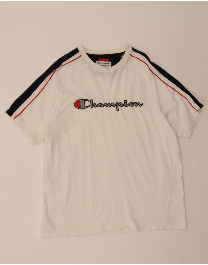CHAMPION Mens Graphic T-Shirt Top Large White Colourblock Vintage Champion and Second-Hand Champion from Messina Hembry 