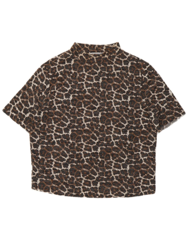 Damska bluzka Zara Trafaluc Crop Top UK 14 Large Beżowa wiskoza z nadrukiem zwierzęcym