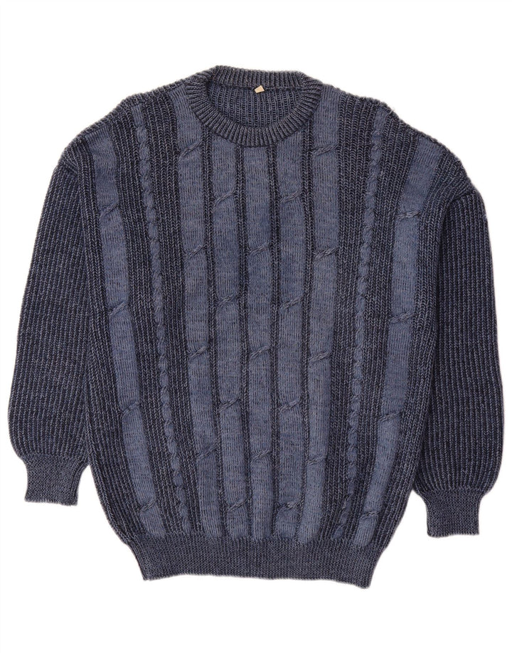 VINTAGE Mens Crew Neck Jumper Sweater IT 50 Medium Blue Striped Wool