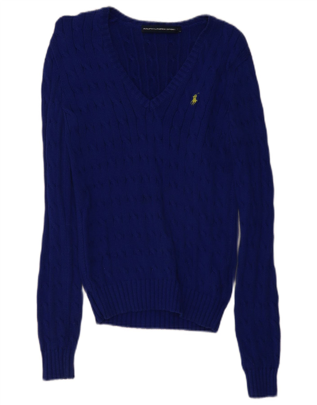 RALPH LAUREN Damski sweter z dekoltem w kształcie litery V, UK 10, mały, niebieski, bawełniany
