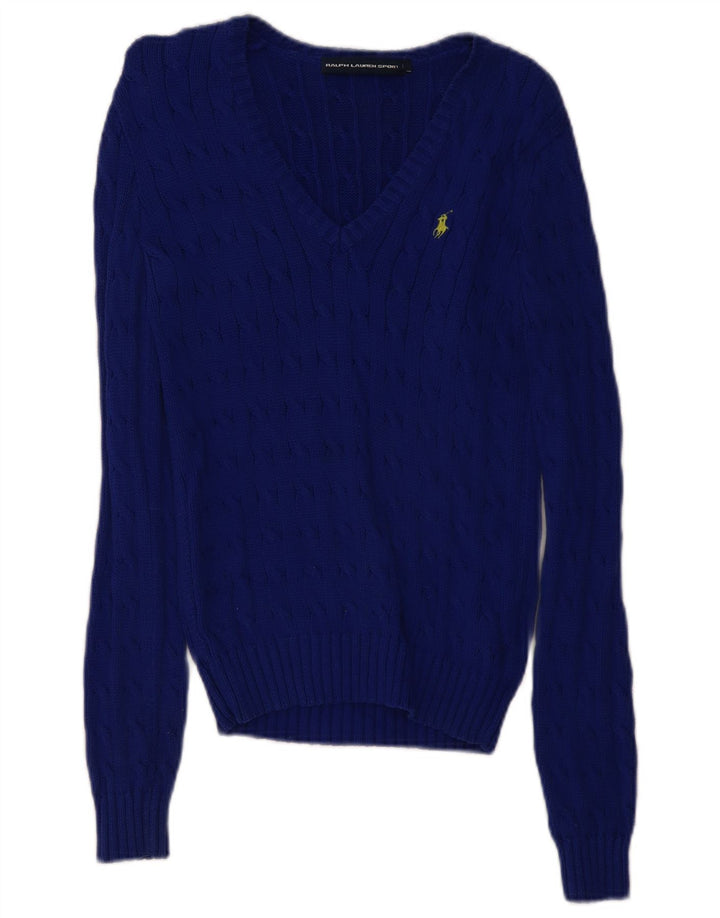 RALPH LAUREN Damski sweter z dekoltem w kształcie litery V, UK 10, mały, niebieski, bawełniany
