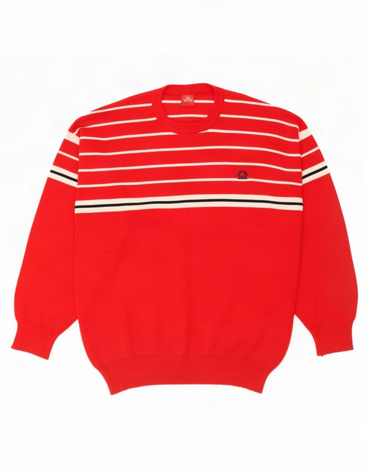 Vintage męski sweter z okrągłym dekoltem, wełniany w średnie czerwone paski