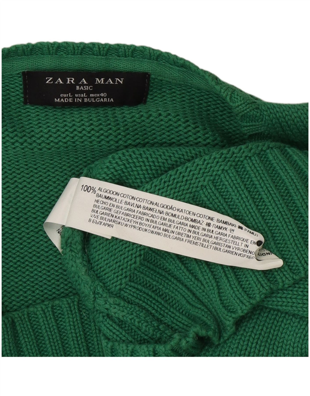 Męski sweter Zara z dekoltem w kształcie litery V, duży, zielony, bawełniany