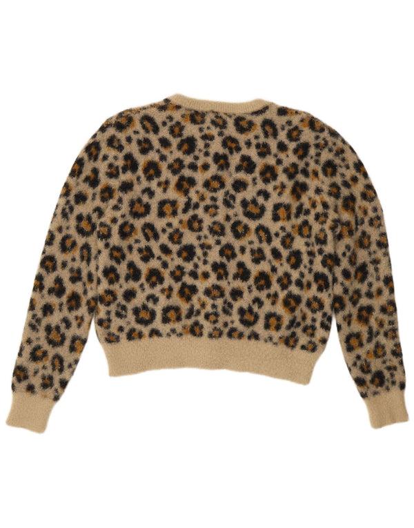 Zara Womens Crop Cardigan Sweater UK 10 Small Beige Animal Print Nylon