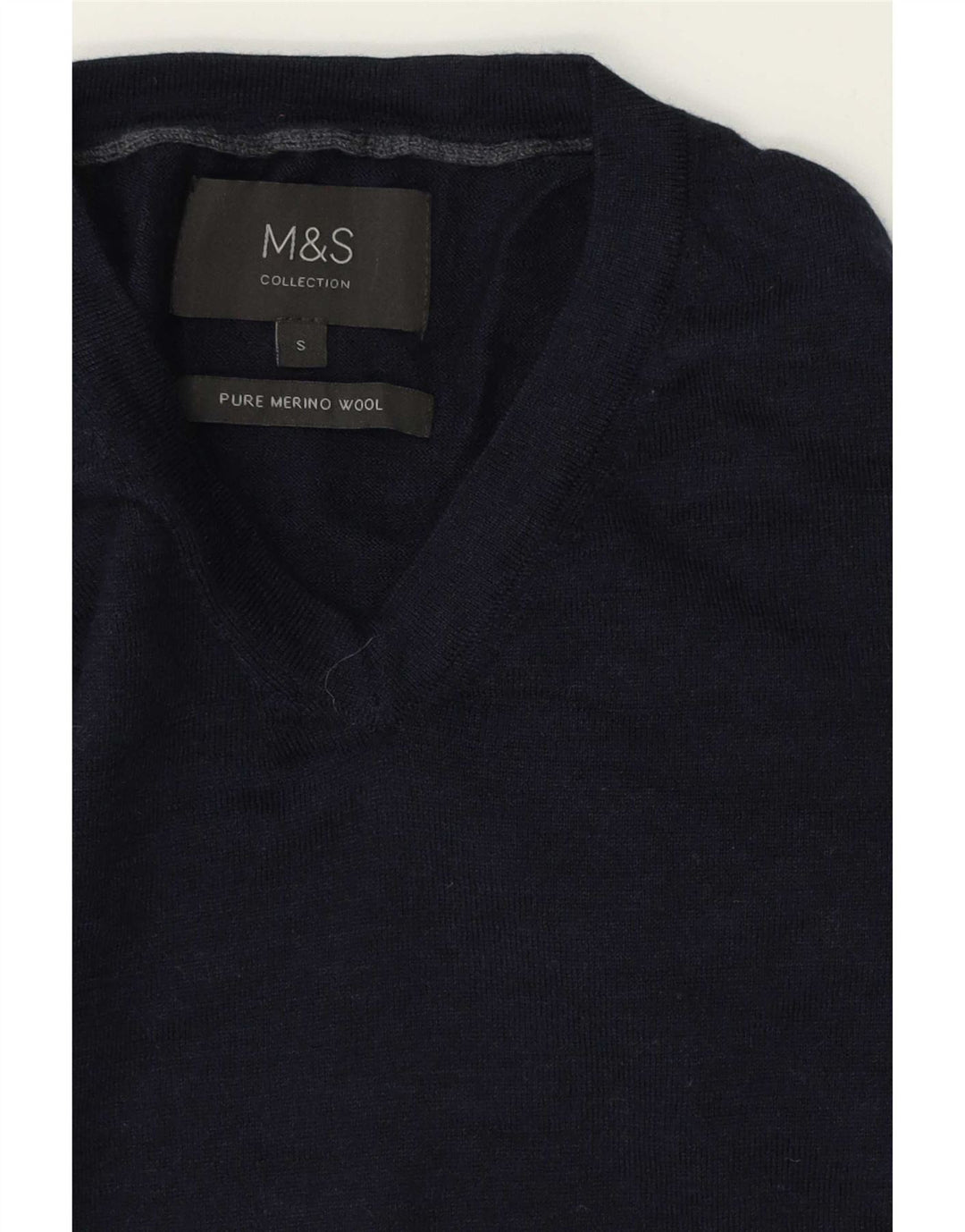 Marks & Spencer Męski sweter z dekoltem w kształcie litery V, mały, granatowy, z wełny merynosów