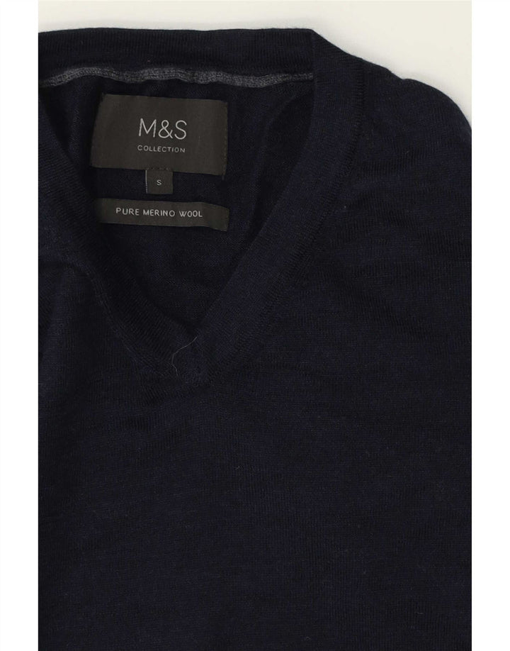 Marks & Spencer Męski sweter z dekoltem w kształcie litery V, mały, granatowy, z wełny merynosów
