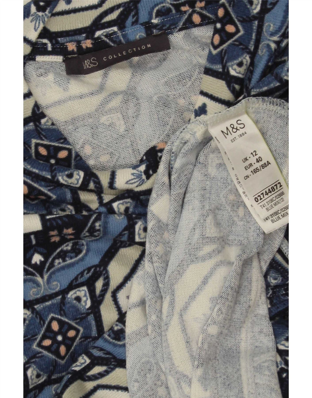 Marks & Spencer Damska tunika z rękawem 3/4, UK 12, średni niebieski geometryczny