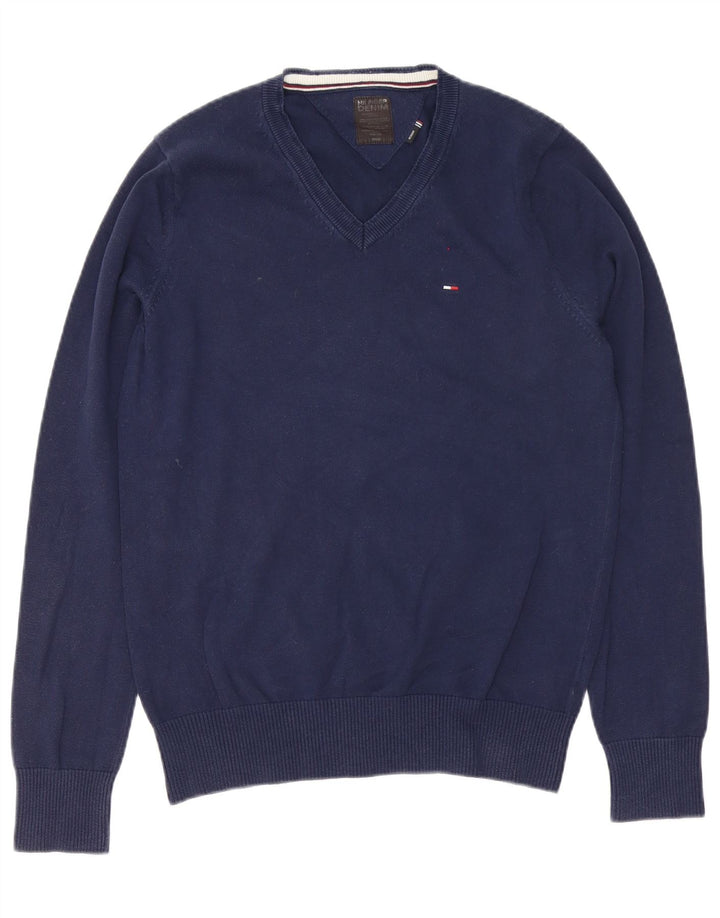 Męski sweter Tommy Hilfiger z dekoltem w kształcie litery V, średni granatowy, bawełniany