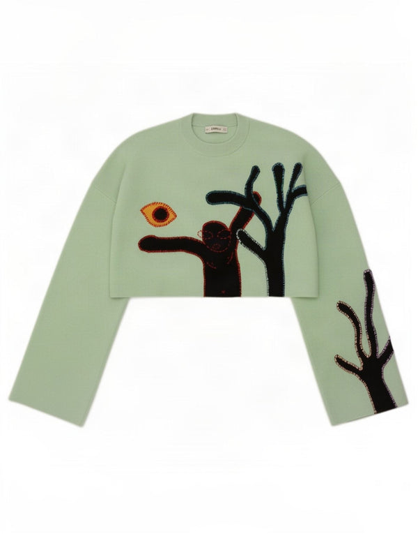 Damski sweter Zara Crop Graphic z okrągłym dekoltem UK 14 Średni zielony