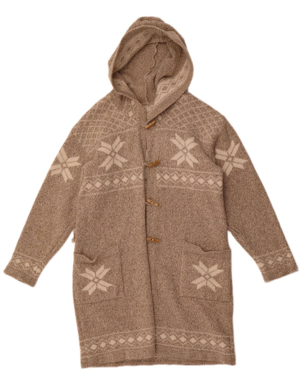 Vintage Womens Longline Hooded Cardigan Sweater UK 16 Large Grey Fair Isle