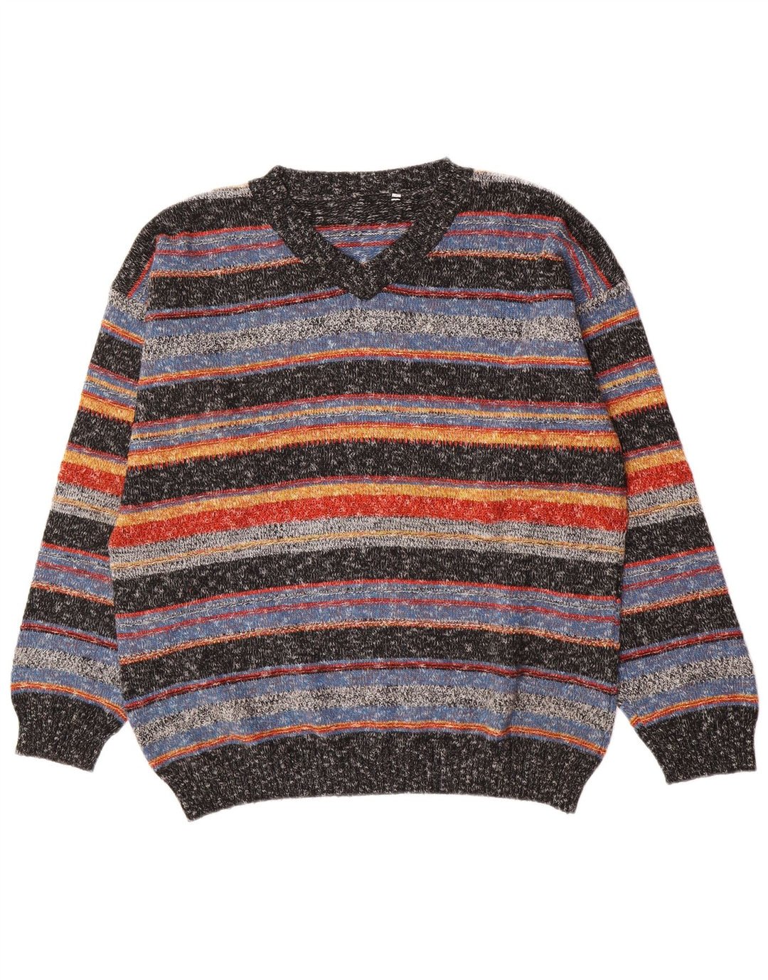 Vintage męski sweter z dekoltem w kształcie litery V, duży, wielokolorowy akryl w paski