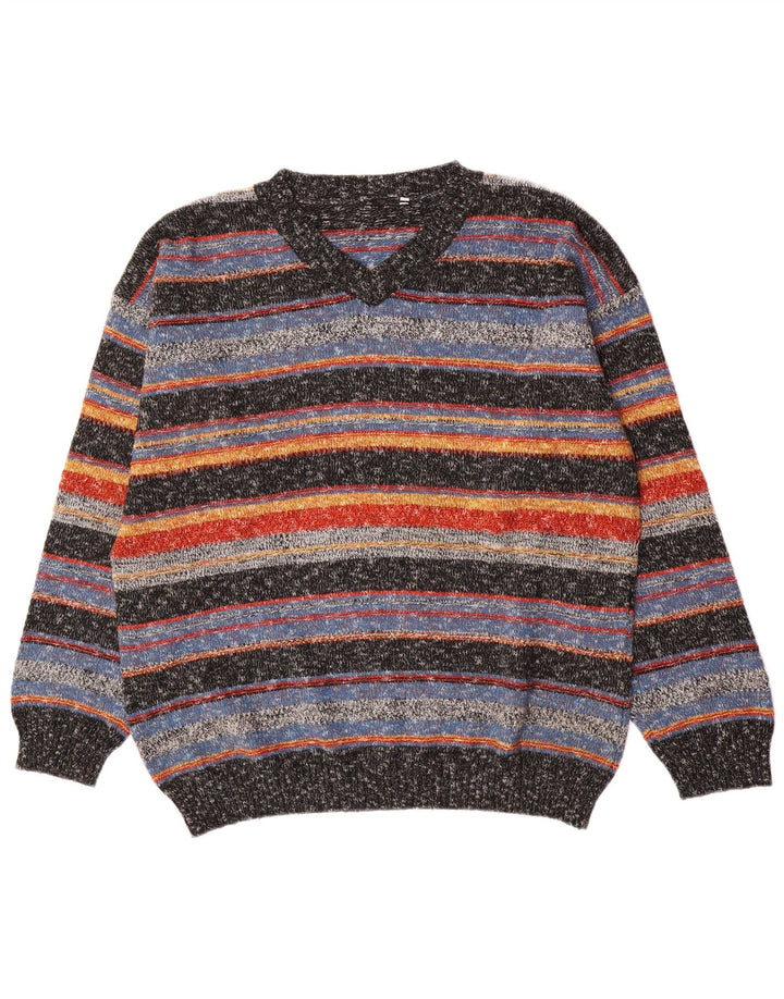 Vintage męski sweter z dekoltem w kształcie litery V, duży, wielokolorowy akryl w paski