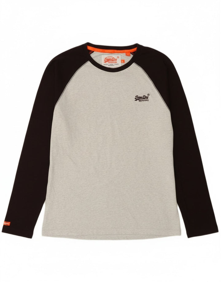 Superdry męski top z długim rękawem, duży, szary, bawełniany w bloki kolorów