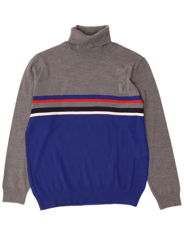 Vintage męski sweter z wywijanym dekoltem XL, szary, akrylowy blok kolorów