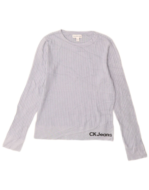 Damski sweter Calvin Klein Jeans z graficznym dekoltem w łódkę, UK 10, mały, niebieski