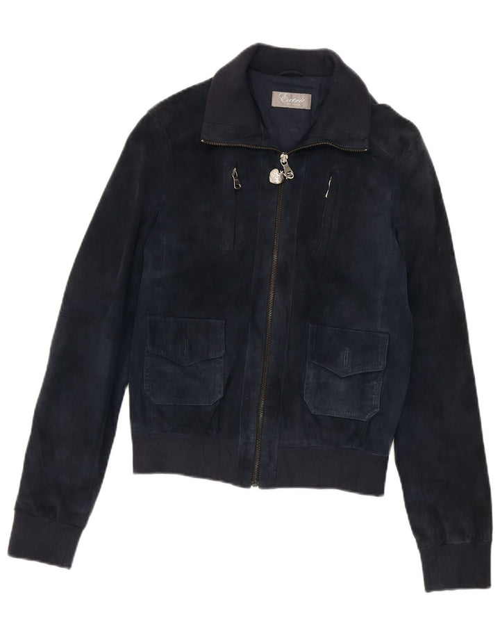 Vintage damska zamszowa kurtka bomber UK 12, średnia granatowa skóra