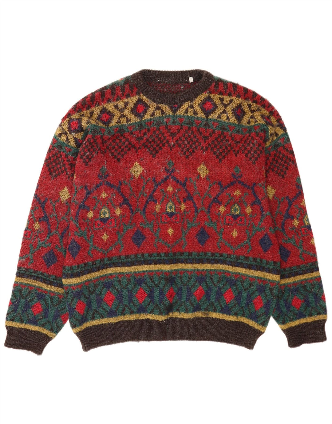 Vintage męski sweter z dekoltem w łódkę, duży, czerwony, geometryczny wełniany