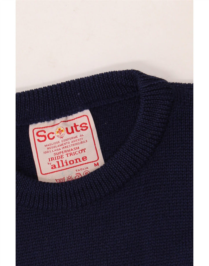 Męski sweter z okrągłym dekoltem w stylu VINTAGE, średni granatowy wełniany