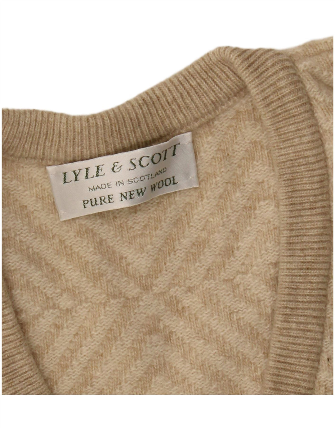 Lyle & Scott Męski sweter z dekoltem w kształcie litery V, XL, beżowa, geometryczna wełna