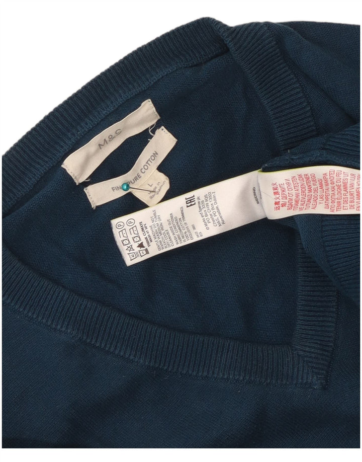 Marks & Spencer Męski sweter z dekoltem w kształcie litery V, duży, niebieski, bawełniany