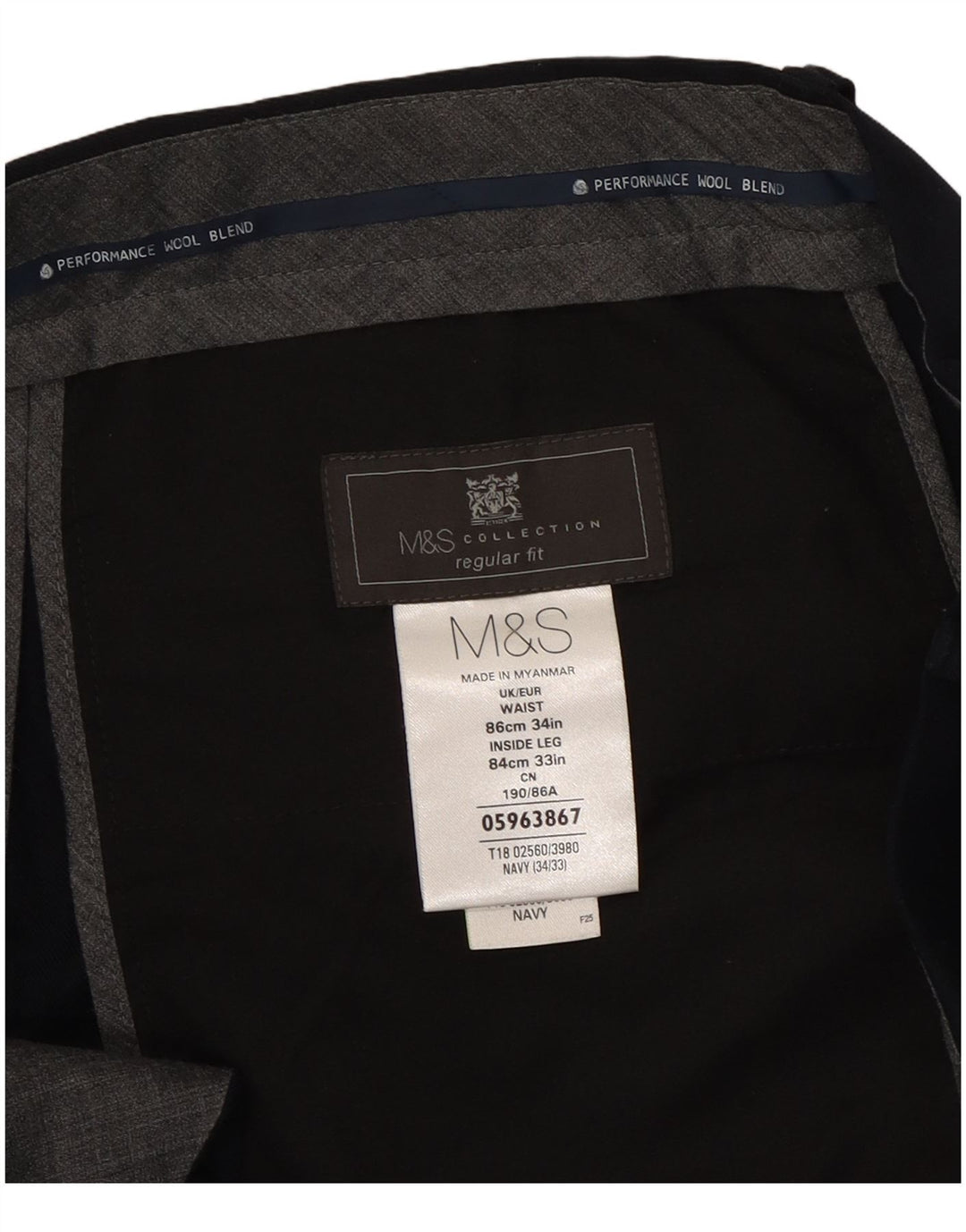 Marks & Spencer Męskie spodnie garniturowe o regularnym kroju W34 L33 granatowe