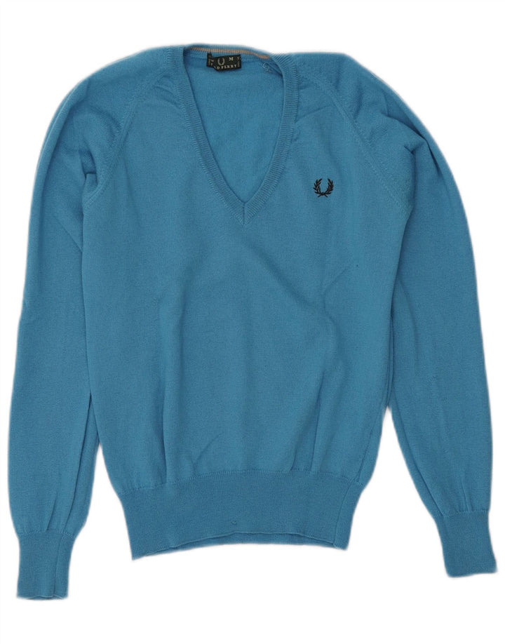 Sweter damski Fred Perry z dekoltem w kształcie litery V, UK 12, średni niebieski, wełniany