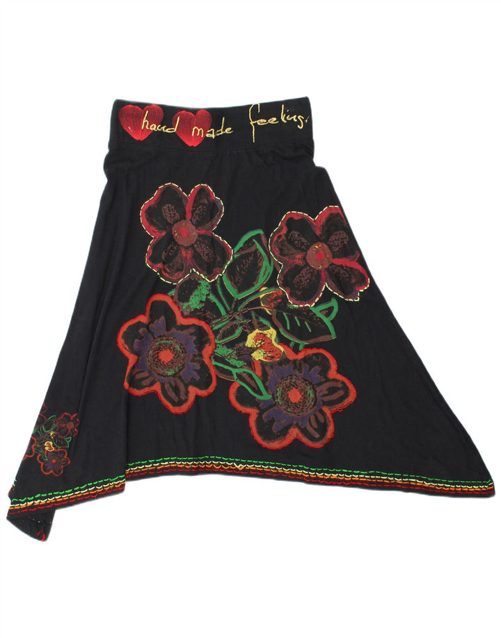 Desigual damska graficzna asymetryczna spódnica średnia W28 czarna bawełniana w kwiaty