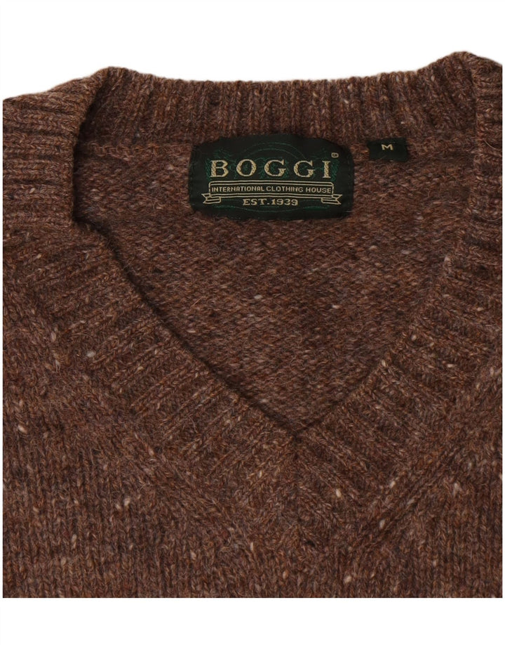 Boggi Męski sweter z dekoltem w kształcie litery V, średniobrązowy, nakrapiany, nowa wełna
