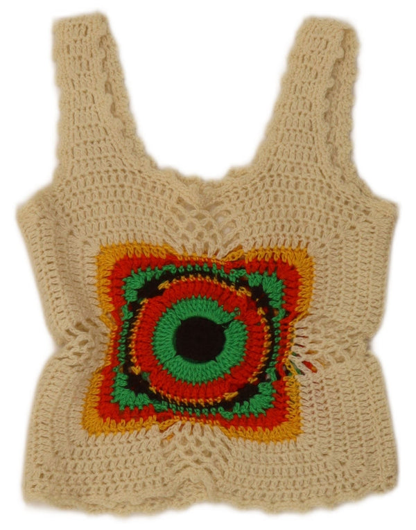 Vintage damski szydełkowy krótki top bez rękawów UK 4 XS w kolorze złamanej bieli, geometryczny