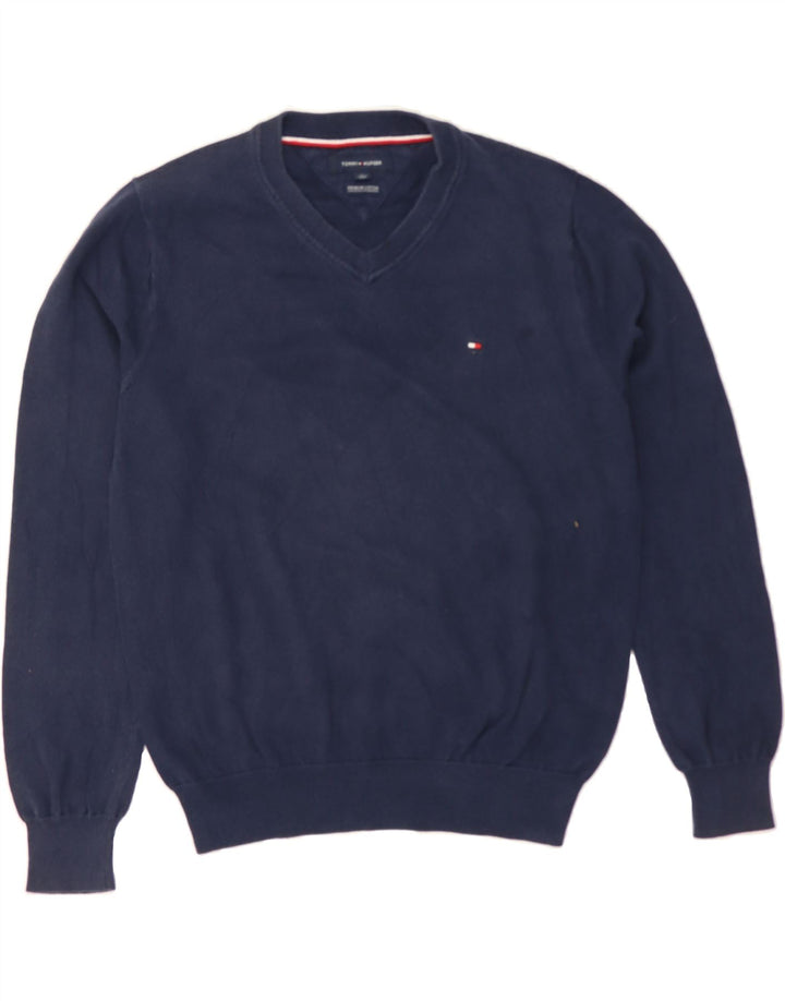 TOMMY HILFIGER Mens V-Neck Jumper Sweater Medium Navy Blue Cotton Vintage Tommy Hilfiger and Second-Hand Tommy Hilfiger from Messina Hembry 