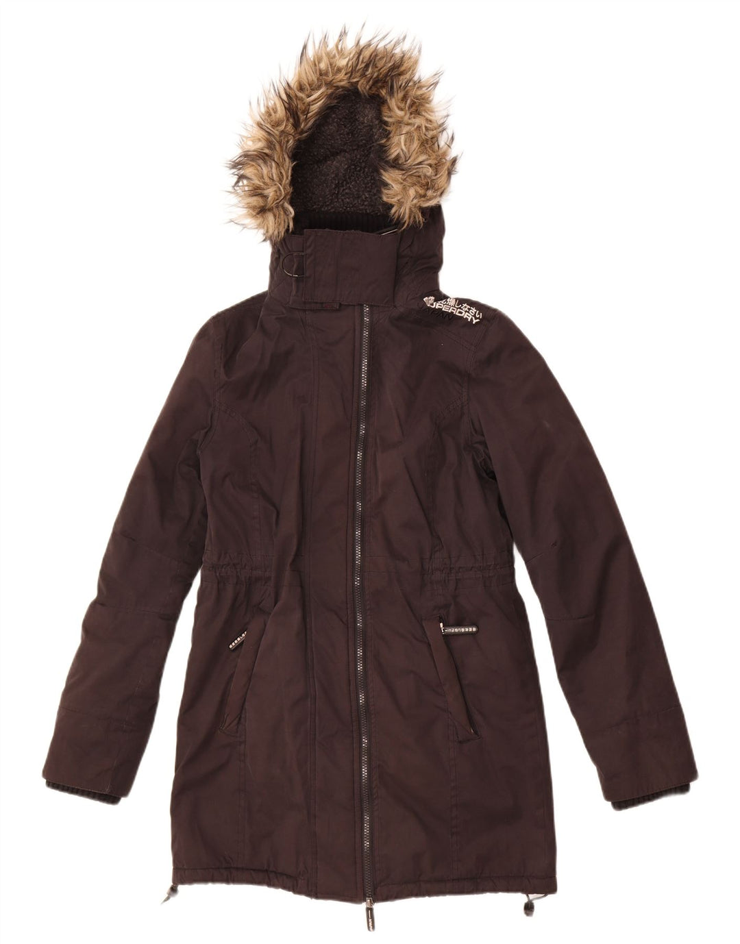 Damski płaszcz wiatrówka z kapturem Superdry UK 10, mały, czarny poliester