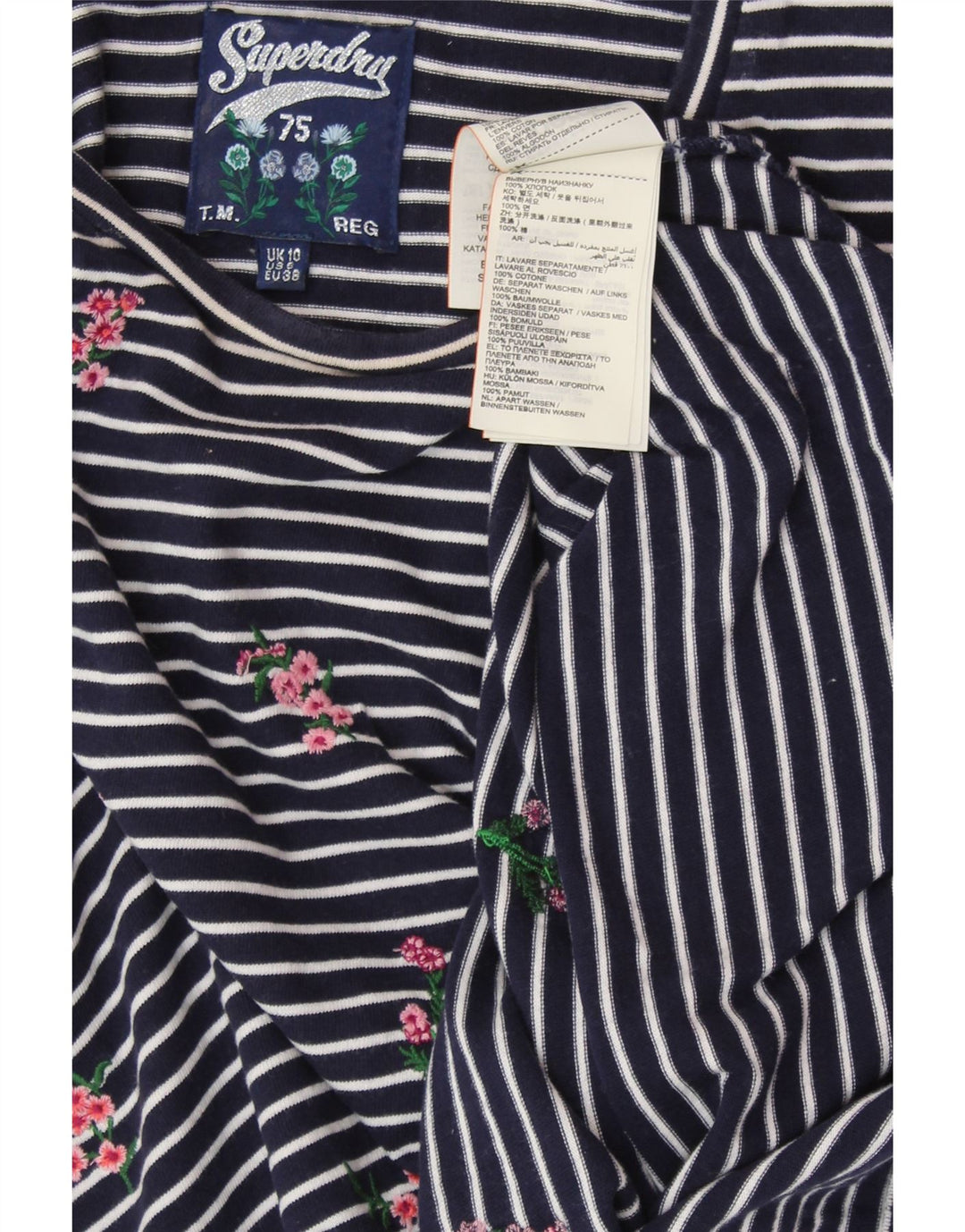 SUPERDRY Damski top z długim rękawem, UK 10, mały, bawełniany w granatowe paski