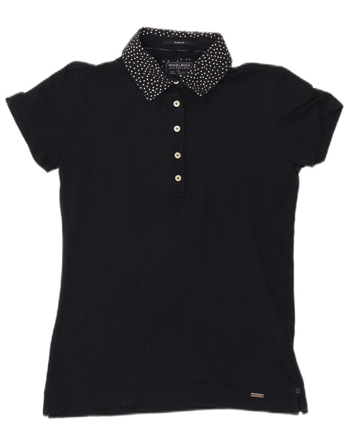 Damska koszulka polo slim fit WOOLRICH UK 12, średnia, granatowa, bawełniana w cętki