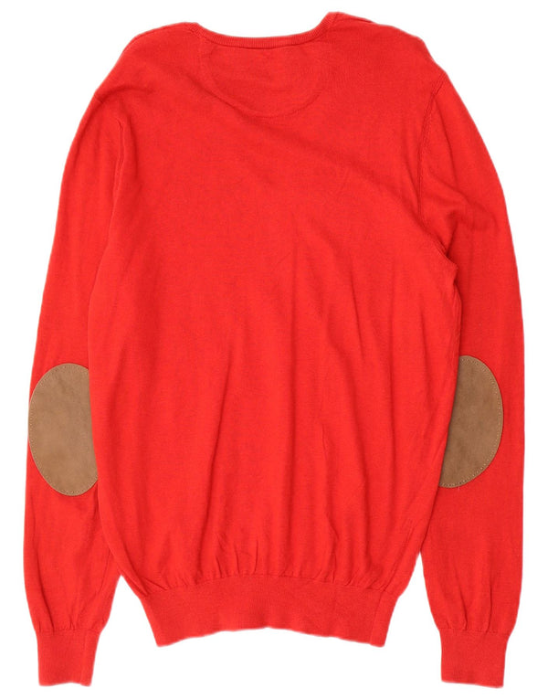 Massimo Dutti Mens V-Neck Jumper Sweater Large Red Colourblock Silk