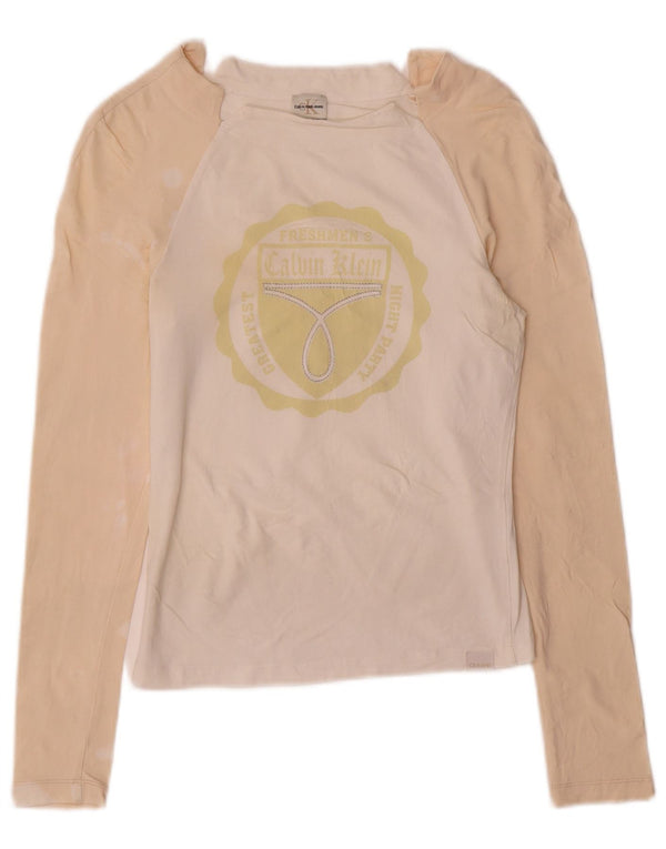 Damski top z grafiką Calvin Klein Jeans z długim rękawem, UK 6 XS, biały, blok kolorów