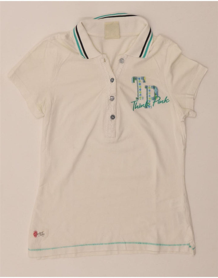 Damska graficzna koszulka polo THINK PINK UK 8, mała, biała, bawełniana