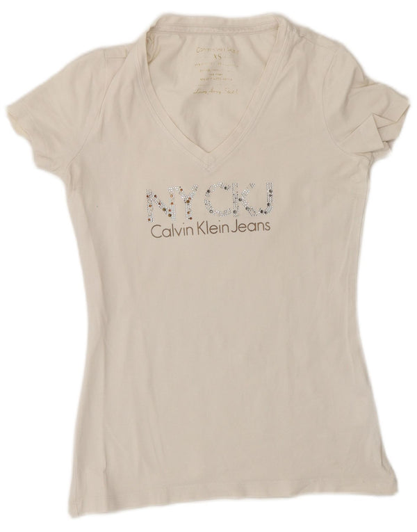 Damska koszulka graficzna Calvin Klein Jeans Top UK 6 XS, biała bawełna